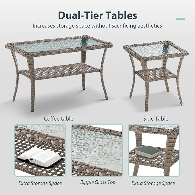 5 Piece Patio Furniture Set - Wicker Patio Conversation Set with Swivel Glider, Glider Loveseat, Tempered Glass Side Table and Coffee Table for Deck Backyard - Grey Wicker Grey Cushion