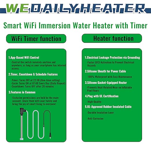 2000W Immersion Water Heater for Hot Tub & Above Ground Pool – Portable Fully Submersible Electric Heater with Auto Shut Off & Wifi Timer for Bathtub, Inflatable Pool and Baptismal pool