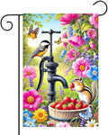 Spring Garden Flag 12x18 Inch Double-Sided Yard Decoration Featuring Colorful Pump Flowers Birds Chipmunk for Outdoor Spring Summer Garden Yard Decor