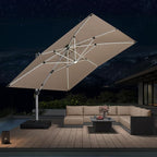 PURPLE LEAF 12' X 12' Solar Powered LED Patio Large Umbrella Offset Double Top Hanging Umbrella Outdoor Market Umbrella for Garden, Deep Beige