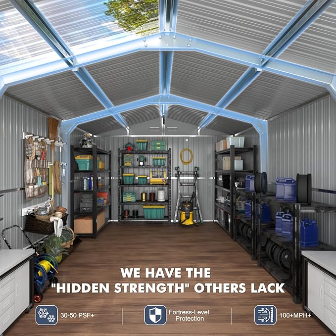Large Metal Shed 10x16 FT with Floor Fame Kit, with Customizable Skylight and Reinforced Steel Frame, Heavy-Duty Galvanized Steel Big Garden Sheds with Base, Lockable Doors,4 Pane Windows,