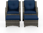 4 Piece Patio Furniture Set, 2 Chairs and 2 Ottomans PE Wicker Footstool, Outdoors Rattan Conversation Set with Deep Seating and Olefin Cushions, for Backyard, Garden, Navy