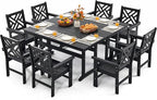 10 Piece HDPE Outdoor Dining Set for 8, Patio HDPE Furniture Set with 2 Table and Umbrella Hole, Outdoor Table and Chairs for Garden, Poolside, Backyard, Deck