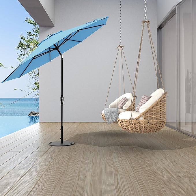 Midtown Umbrellas The Swilt 9 Feet Patio Umbrella in Sunbrella Capri Acrylic Fabric - Fiberglass Ribs, Auto-Tilt Aluminum Frame For Backyard, Deck, Garden, Pool - White Pole