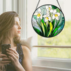 Stained Glass Window Hanging - White Snow Lotus Birth Flower Suncatcher for Doors Garden Patio Sun Catchers Decor Christmas Mother's Day Birthday Gifts for Women Men Mom Nana Friend 6.3 in