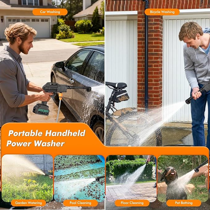 Cordless Pressure Washer Battery Powered, 80Bar/1160PSI Cordless Power Washer with 3.0Ah Battery&Charger&6-in-1 Nozzle, Handheld Pressure Washer Cleaner Portable Power Washer Kit for Car/Garden/Home