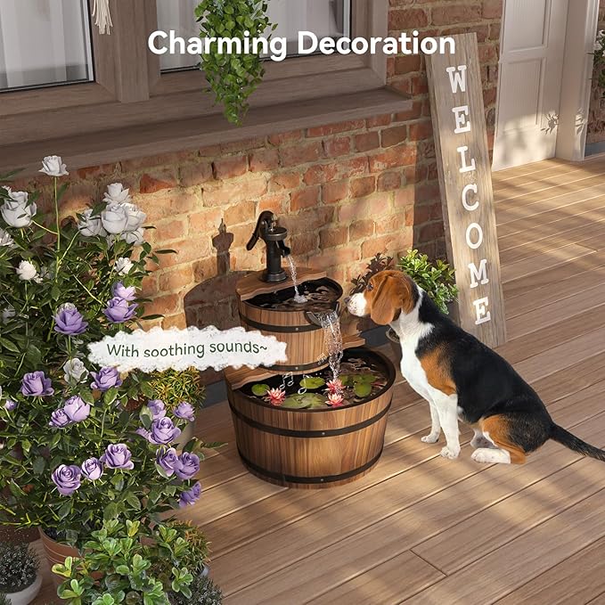 Aoxun 2-Tier Outdoor Water Fountain, Wood Barrel Cascading with Electric Decorative Hand Pump, Rustic Waterfall Fountain for Garden, Backyard, Patio, Porch, Yard