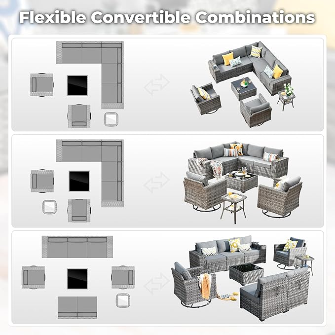 ovios 9 Pieces Patio Furniture Set, Outdoor Wicker Sectional Sofa with 2 Swivel Chairs Coffee Table, Modern Modular Deep Seat Rattan Couch Conversation Sets, Dark Grey