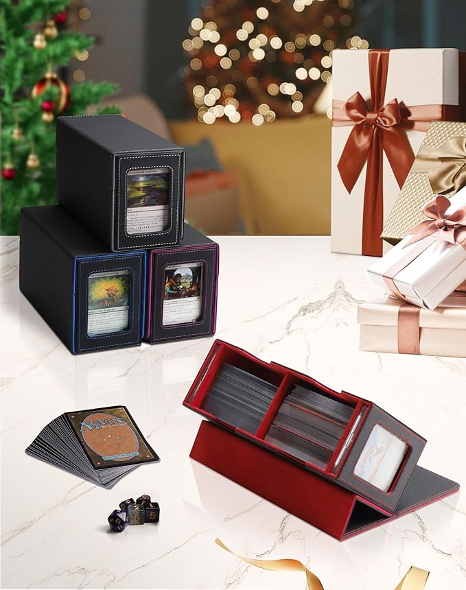 MRAUF MTG Deck Box with Double Commander Display and Dice Tray, Fits 200+ Double Sleeved Cards, Card Storage Box Plus 2 Magnetic Holders& 100Pcs Card Sleeves (Black& Purple)