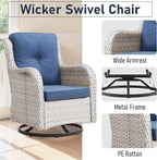 Luxury Wicker Swivel Patio Chairs Set of 3, Outdoor Swivel Rocking Chairs with Side Table, Outdoor Bistro Set for Patio, Porch, Yard, Deck, Poolside, Light Beige/Blue