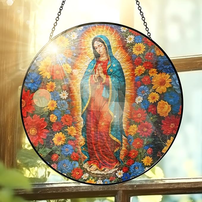 FLAGWIX Christmas Christian Gifts for Women - Virgen De Guadalupe Stained Glass Window Hanging 8 in - Religious Gifts for Women, Our Lady of Guadalupe Sun Catchers Indoor Window for Hanging Decor