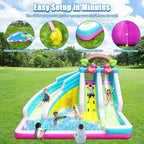 Inflatable Water Slide, 6 in 1 Blow Up Water Park Aged 3-10, Flamingo Style Water Bounce House with Double Long Slides, Splash Pool, 580W Blower Waterslide for Kids and Adults Backyard