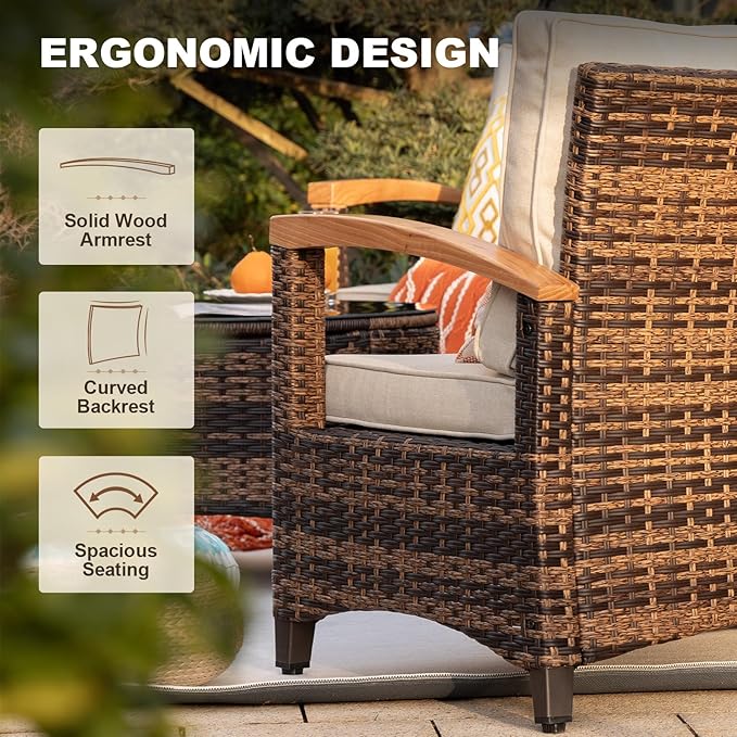 MEISSALIVVE 8 Piece Outdoor Patio Furniture Set, Half-Moon Curved Sectional Set with Wood Armrests, Patio Conversation Set, 2 Half-Moon Ottomans, Round Table & Side Table (Brown)