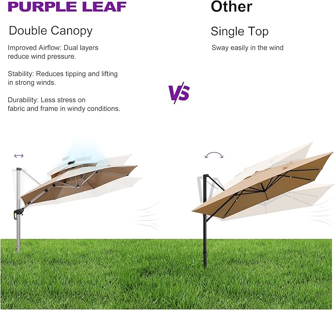PURPLE LEAF 11ft Solar powered LED Patio Umbrella Outdoor Round Umbrellas Large Cantilever Umbrella with LED lights Windproof Offset Umbrellas Heavy Duty for Garden Deck Pool Patio, Beige