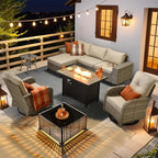 HOOOWOOO Outdoor Sectional Furniture Set with Fire Pit Table,9 Pieces Wicker Patio Conversation Sets,L Shape All Weather Outside Couch Sofa Set with Swivel Chairs Solar Light Table Ottoman,Beige