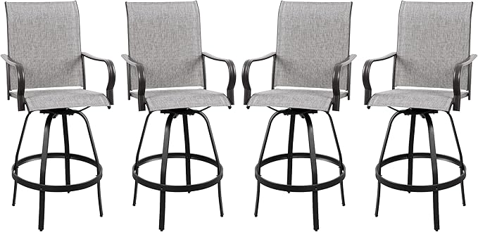 Vongrasig 4 Piece Patio Swivel Bar Chairs, All Weather Metal Textile High Swivel Bar Stools Chairs, Outdoor High Top Bistro Set for Backyard, Lawn Garden, Balcony, Light Grey