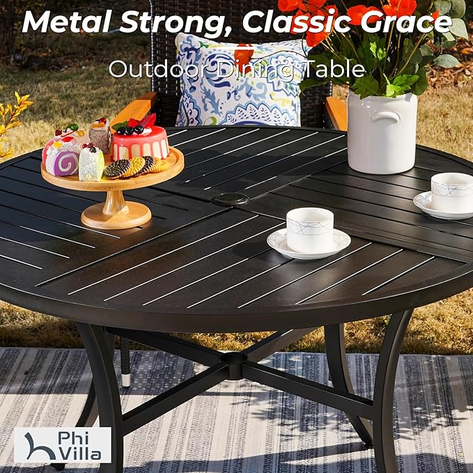 PHI VILLA 5 Pieces Patio Dining Set with 10ft Patio Umbrella, Metal Patio Circle Table Outdoor Stackable Wrought Iron Chair Set of 4 & 42" Large Round Dining Table,3 Tier Vented Dark Blue Umbrella