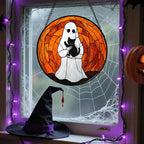 Stained Glass Window Hanging - Halloween Cute White Ghost Black Cat Suncatcher for Doors Garden Home Spooky Orange Sun Catchers Gothic Decor Horror Gift for Women Men Friend Boy Girl 11.8 in
