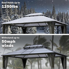 Hardtop Gazebo 12' x 16', Patio Gazebos with Polycarbonate Roof & Steel Frame, Outdoor Pavilion with Gray Curtain&Netting for Backyard/Lawn/Garden/Deck