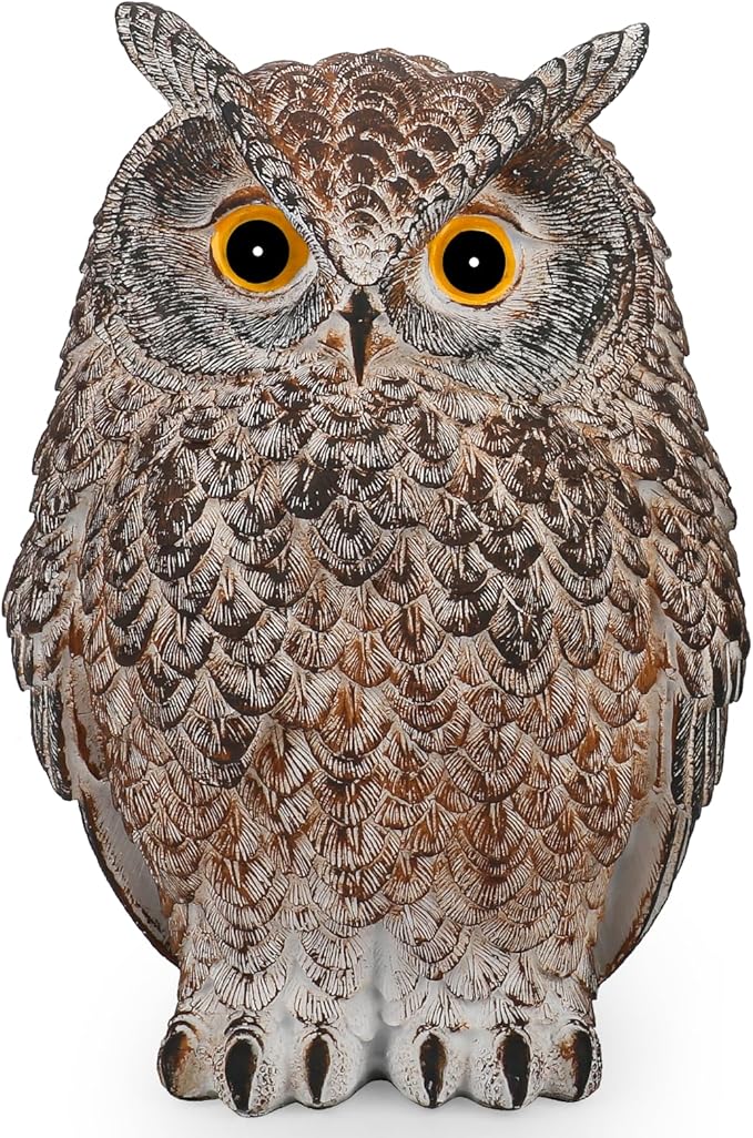 8.3" Realistic Owl Statue for Indoor & Outdoor Decoration, Effective Birds Deterrent for Garden, Patio, Yard, Fake Owl Suitable for Home Decor (Brown)