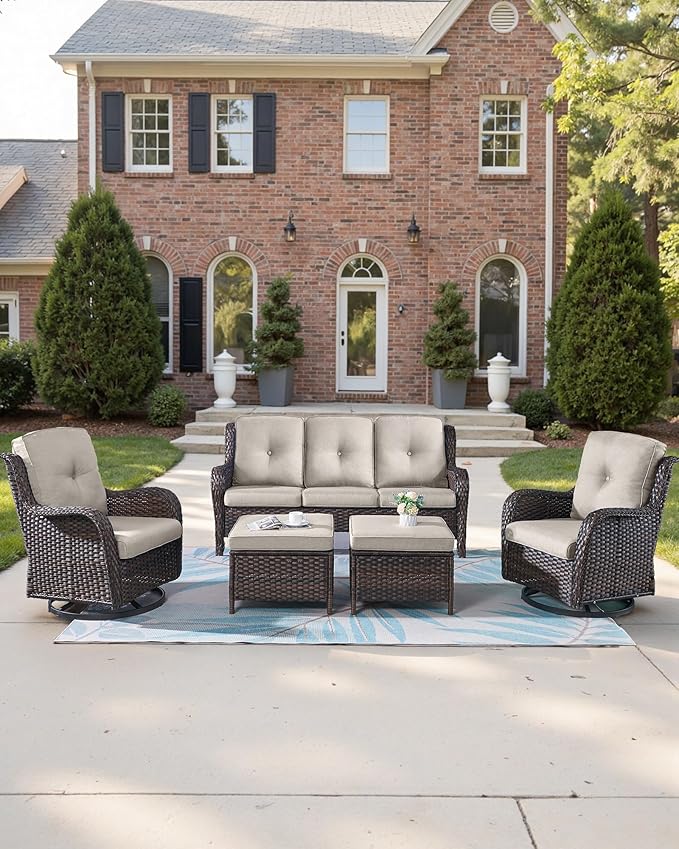 Pop 22x25/22x24 Outdoor Cushions for Patio 5 Piece Set - Set of 5 Water-Resistant Replacement Cushion for Wicker Dining Rocking Swivel Chairs Loveseat Couch Sectional Sofa - Beige/Button