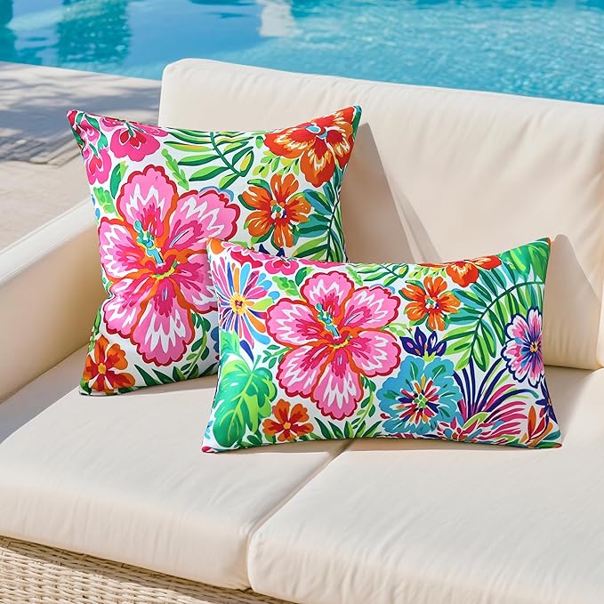 Outdoor Pillow Covers 12x20 Inch Set of 2 Tropical Floral Plants Boho Throw Pillows Cases Waterproof Lumbar Garden Cushion Sham for Patio Funiture Tent Balcony Bench Sofa Couch