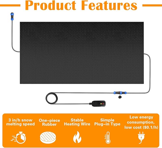 Snow Melting Mats Outdoor for Walkways, 30 x 60 2Pack in No-Slip Heated Outdoor Mats with 10 ft Power Cord, 3 in/h Speed Snow and Ice Melting Pads for Winter Backyards Snow Removal