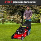 3 in 1 Self-Propelled Lawn Mower, 18 Inch 131cc Gas Powered Walk Behind Mower with Mulch/Side Discharge/Rear Bag, Rear Wheel Drive for Yard & Garden Red