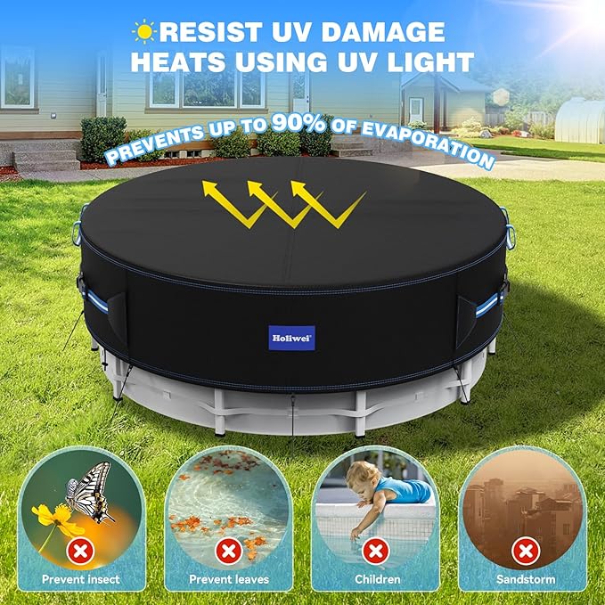 24 Ft Round Pool Cover with Reflective Strips, 420D Swimming Pool Cover for Above Ground Pools, Solar Cover with Drawstring and Ground Nails for Dustproof, UV Protected