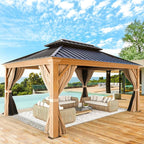 YOLENY 12' x 14' Hardtop Gazebo Wood Grain Aluminum Frame Gazebo, Outdoor Permanent Metal Pavilion with Netting and Curtains for Deck, Backyard, Patio, Lawns