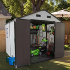 LANTRO JS Outdoor Storage Shed, 8x8x7.6FT Plastic Storage Shed with 2 Windows and Strong Aluminum Frame for Garden Tools, Bike, Lawnmower, White and Brown