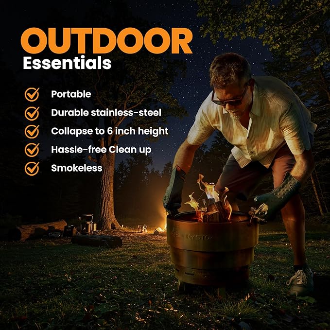 Slinky Stove Smokeless Fire Pit for Outdoor Wood-Burning - 23-Inch Patented Collapsible Firepit with Cooking Grill - Portable Stainless Steel Solo Pit for Camping, Backyard, Patio Bonfires