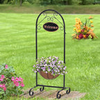 Metal Welcome Planter Basket Stand with Coco Liner, 39.5” Hanging Planter Stand with Decorative Welcome Sign Outdoor Decor for Garden, Patio, Deck, Entry and Front Porch