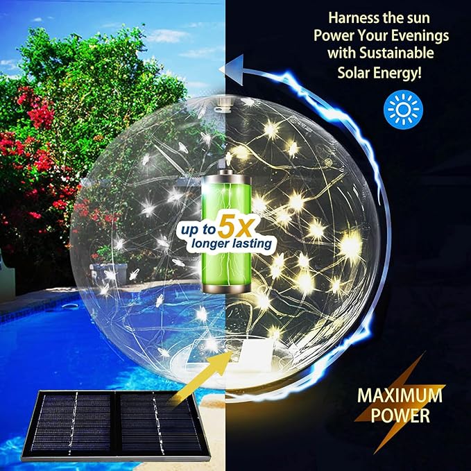 Solar Powered Floating Pool Lights - 14" Inflatable Waterproof Floating Light UP Pool Glow Balls, 3000K Warm-White Led Pool Lights That Float for Party Decorations, Outdoor Patio Detor (2)