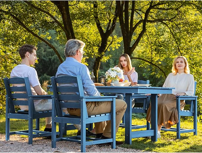 SERWALL Patio Table Set, Outdoor HDPE Dining Furniture with Umbrella Hole, All Weather for Lawn, Garden, Backyard, Poolside, Blue