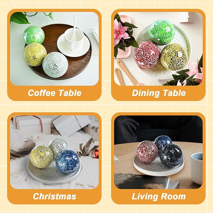 Decorative Balls for Centerpiece Bowls Black Mosaic Glass Orbs Sphere Crack Ball Mirror Globe Sparkle Coffee Table Decor Vase Filler Home Christmas 3 Pcs 3.35 Inch