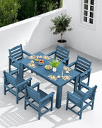 SERWALL HDPE Dining Set for 4, Outdoor Dining Sets for 4 Person with 1 Umbrella Hole Cut-Out Rectangular Table and 4 Chairs, Patio Dining Sets Blue