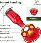 Kingsyard Glass Hummingbird Feeders for Outdoors Hanging, 6 Feeding Ports 16 Ounces Leakproof Bird Nectar Feeder for Garden Porch Fall Decorations, Easy to Refill & Clean, Ant Moat Included, Red