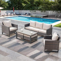 Rilyson Wicker Outdoor Patio Furniture Set - 6 Piece Patio Conversation Set with 2 Armrest Chairs,2 Rattan Ottoman,1 Couch and 1 Metal Side Table for Outside Porch Deck Backyard(Brown/Beige)