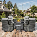 Patio Luxury Conversation Set - 6PCS Resin Wicker Swivel Chairs, 4 Chairs With Rattan Side Table and 30in Square Fire Table - Grey Wicker|Grey Cushions