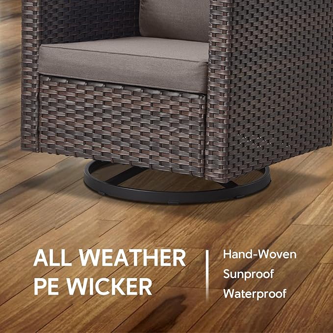 6 Piece Wicker Patio Furniture with Fire Pit Table - Outdoor Conversation Set with 50,000 BTU Fire Pit, All Weather Rattan Patio Set for Deck Backyard Garden - Brown Wicker Grey Cushion