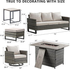 HUMMUH 7 Piece Patio Furniture Set with Fire Pit 41in 55,000 BTU,Wicker Outdoor Conversation Sets - Patio Swivel Chairs Sofa Ottomans,Side Table for Porch,Garden,Backyard
