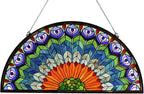 Bieye W10034 Peacock Feather Tiffany Style Stained Glass Window Panel Hangings with Chain, 36 inches Wide Half Round Shape