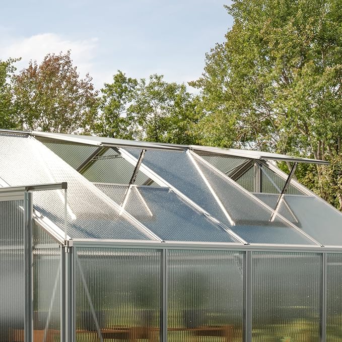 Greenhouse Saphir 5 Aluminum Frame 8.5 x 10.6 ft Approx. 8 mm Polycarbonate Panels - with Bonus Base Frame and Automatic Vent Opener