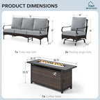 MFSTUDIO 4 Pieces Outdoor Patio Furniture Set, Metal Outdoor Conversation Set, Rattan Wicker Patio Sectional Set with 2 x Rocking Single Sofa, 3-Seat Sofa, 1 x Fire Pit Table, Grey