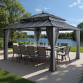 SUNJOY Kingston 14' x 12' Hardtop Gazebo with Galvanized Steel Double Roof, Curtain and Netting, Gray Aluminum Posts Permanent Pavilion Gazebo for Garden, Patio, Deck, Lawn