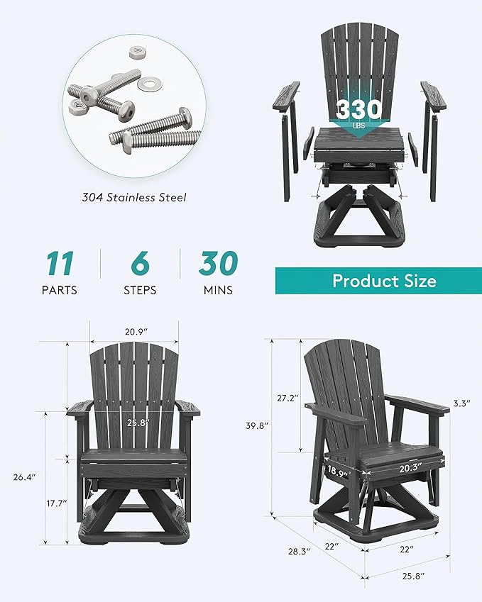 SERWALL Adirondack Swivel Glider Chair, HDPE Patio Swivel Glider Set of 2, All-Weather Glider Chair for Porch, Balcony, Slate Grey