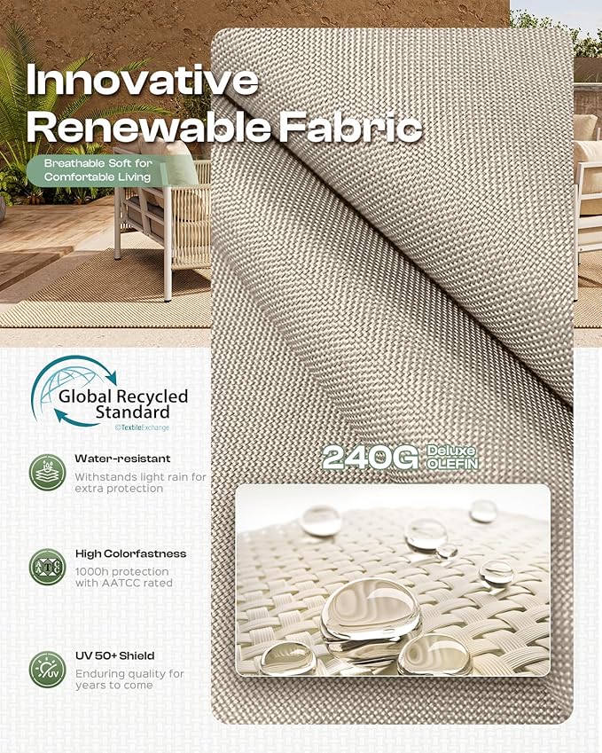 Aluminum Outdoor Patio Furniture Set, HDPE Rope 5 Piece Modern Sectional Conversation Sets with Dual-Layer Coffee Table, All Weather Patio Couch Sofa with Thick Cushions, White Frame, Ivory