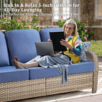 9 Pieces Patio Furniture Set Outdoor Sectional Sofa Couch with Rocking Swivel Chairs 5" Deep Seat Chairs, Modern Wicker Rattan Conversation Set, Blue/Gray Wicker