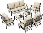 Patio Furniture Set, Modern Metal Outdoor Patio Furniture, 3 Seater Sofa, 2 Fixed Chairs, 2 Rocking Chairs, 2 Ottomans and 5.75" Extra Thick Cushion, Patio Conversation Set for Garden